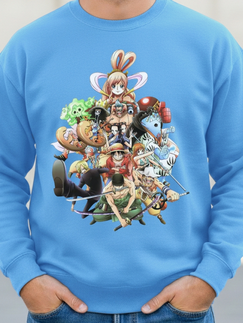 Black Anime One Piece Crewneck Sweatshirt - Graphic Men’s Sweater - Picture 2 of 5
